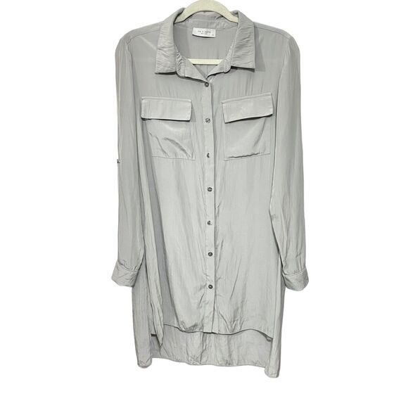 Lola & Sophie Women's Sz M Long Sleeve Button Up Shirt Top Blouse Hi Low Tunic - Picture 1 of 6